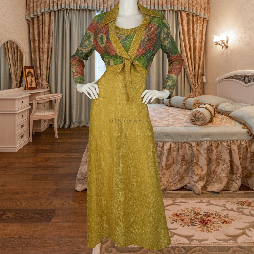 70s Vintage Metallic Floral Prom Party Cocktail Evening Gown Dress Jacket S